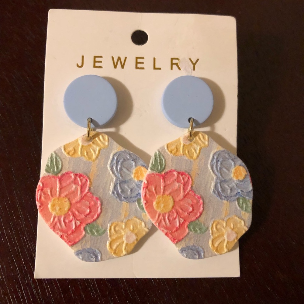 Floral Embossed Earrings with Blue Studs